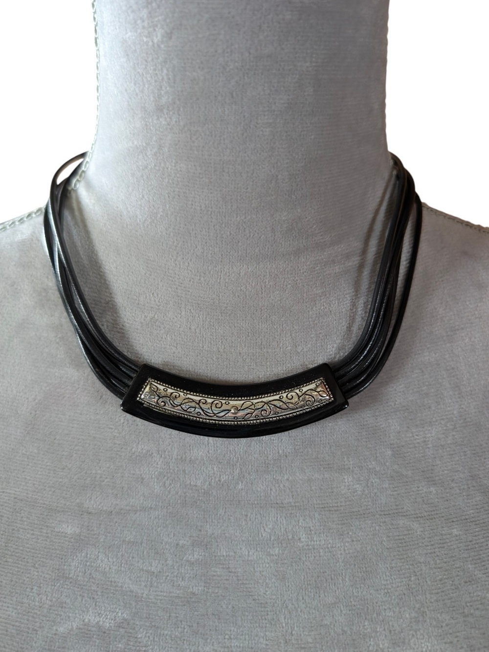 Black and Silver Multi-Strand Necklace with Decorative Bar